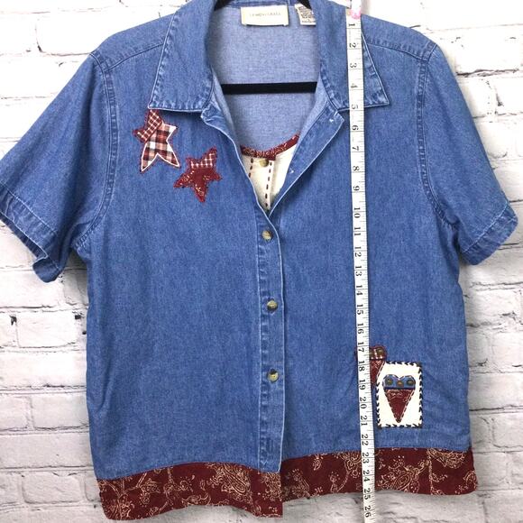 Lemon Grass VTG Chambray Farmcore Patch Short Sleeve Blue Collared Shirt Large - Picture 13 of 14